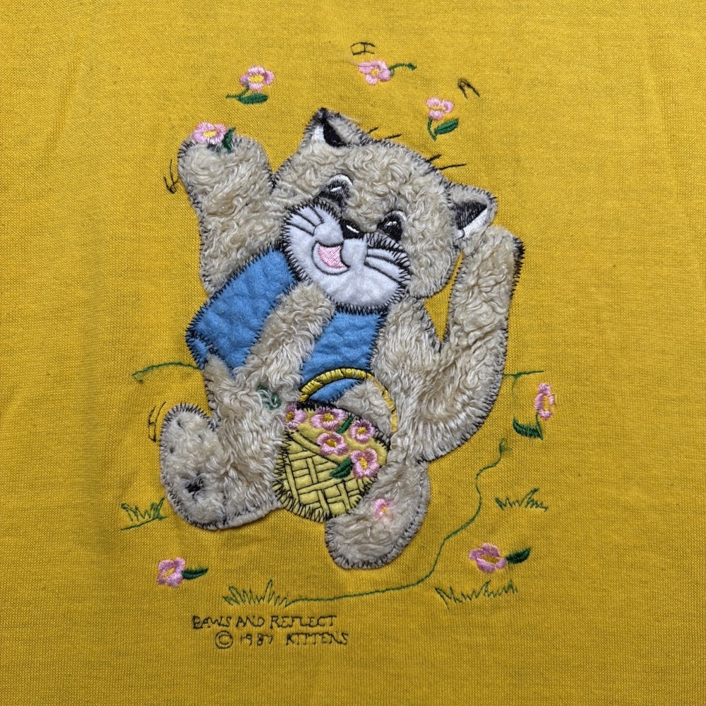 Vintage 80s‎ Cat Lover T Shirt Yellow Embroidered Kitten USA Plus 2X Novelty